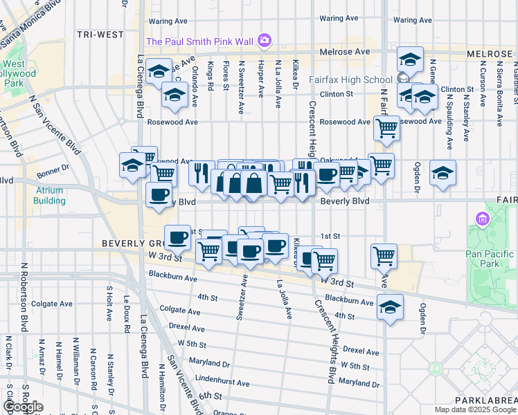 map of restaurants, bars, coffee shops, grocery stores, and more near 136 North Sweetzer Avenue in Los Angeles