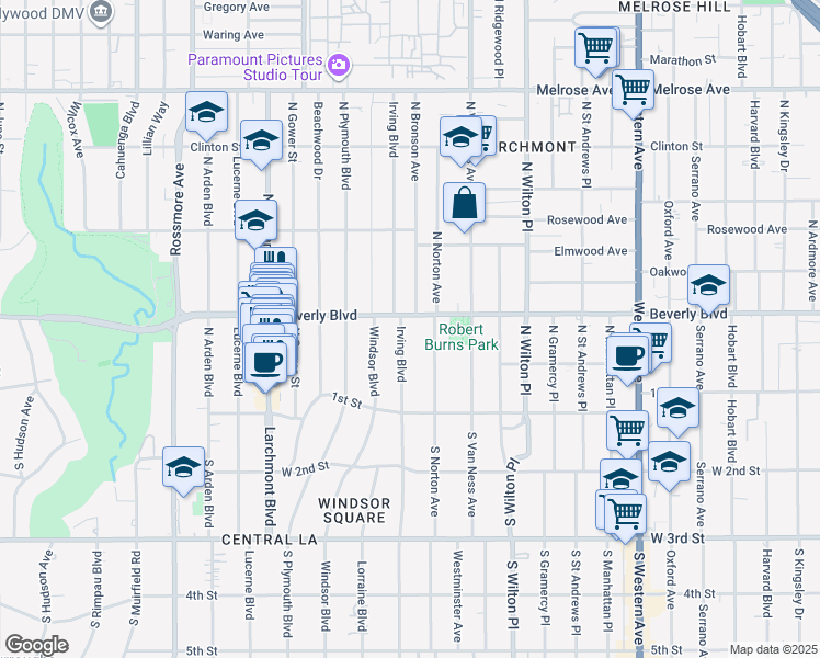map of restaurants, bars, coffee shops, grocery stores, and more near 235 North Irving Boulevard in Los Angeles