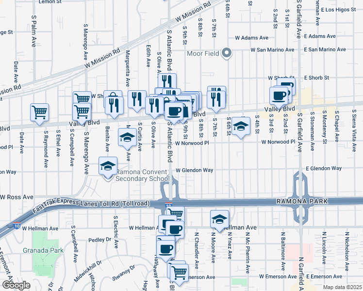 map of restaurants, bars, coffee shops, grocery stores, and more near 1601 South 9th Street in Alhambra