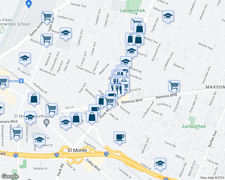 map of restaurants, bars, coffee shops, grocery stores, and more near 3825 Peck Road in El Monte