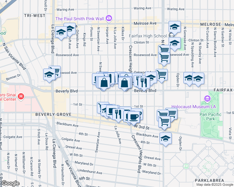 map of restaurants, bars, coffee shops, grocery stores, and more near 139 North La Jolla Avenue in Los Angeles