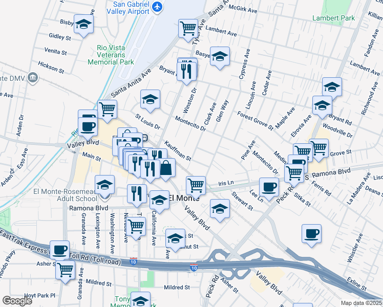 map of restaurants, bars, coffee shops, grocery stores, and more near 3709 Clark Avenue in El Monte
