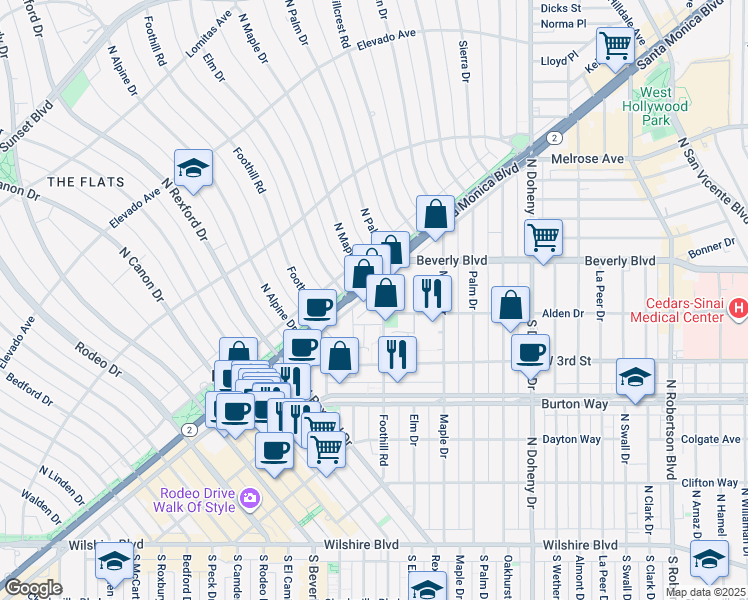 map of restaurants, bars, coffee shops, grocery stores, and more near 403 Foothill Road in Beverly Hills