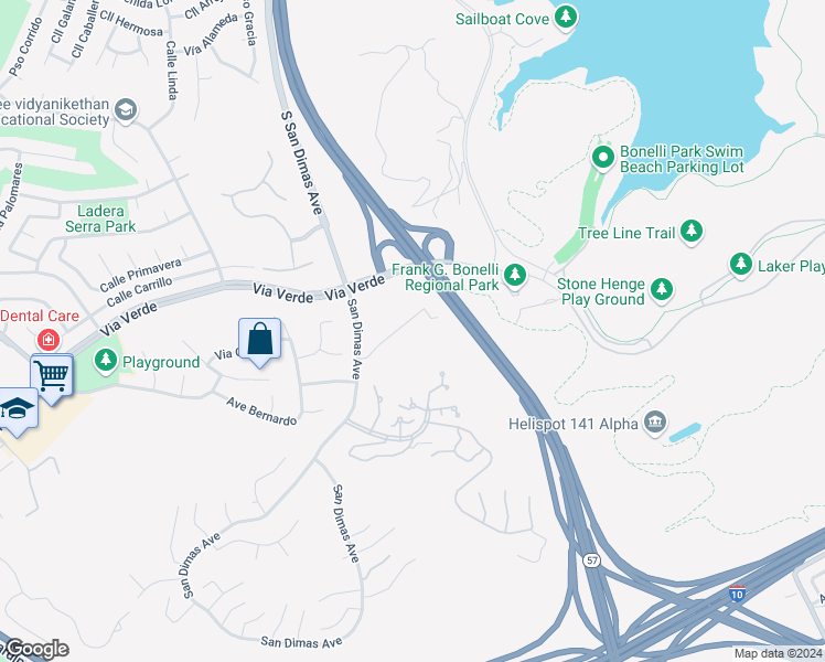 map of restaurants, bars, coffee shops, grocery stores, and more near 204 Calle Rosa in San Dimas