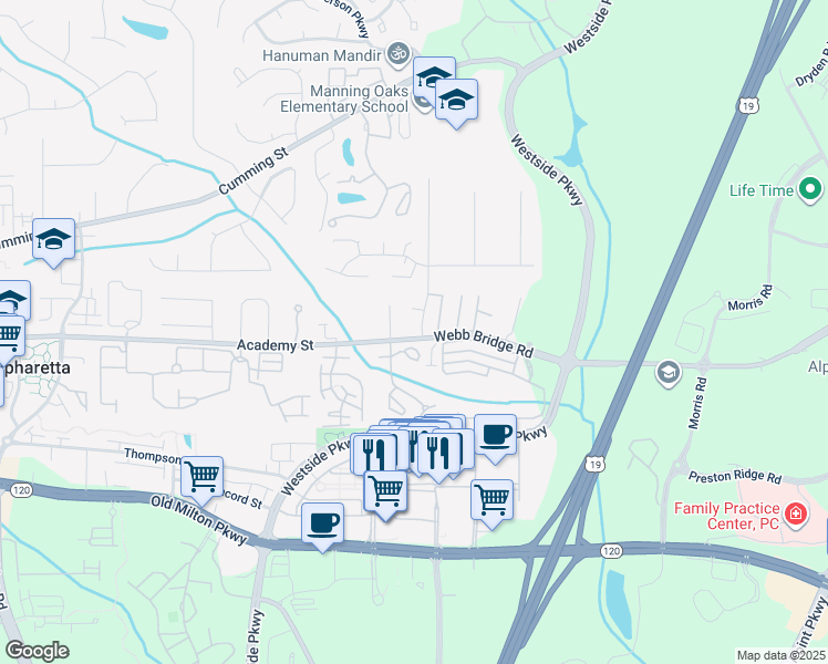 map of restaurants, bars, coffee shops, grocery stores, and more near 558 Wedgewood Drive in Alpharetta