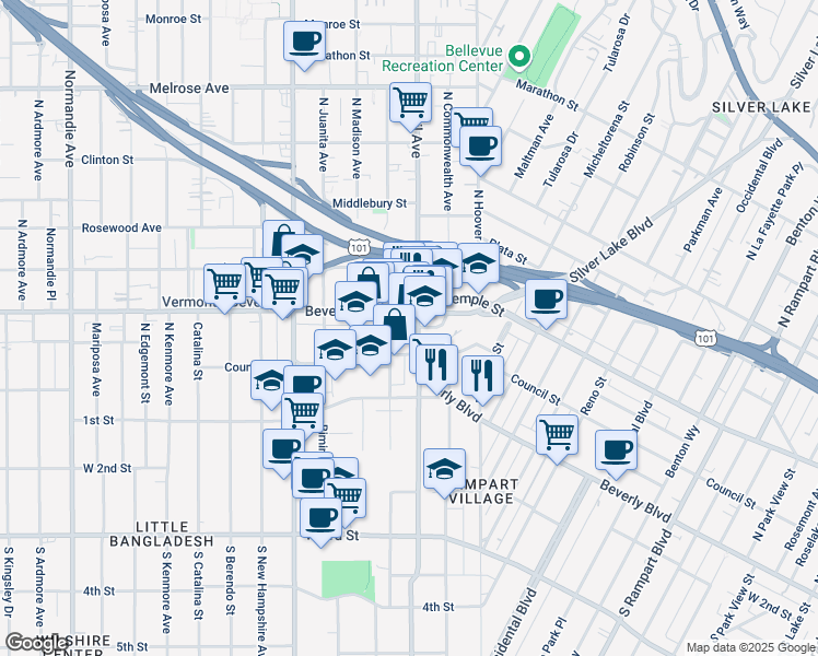 map of restaurants, bars, coffee shops, grocery stores, and more near in Los Angeles