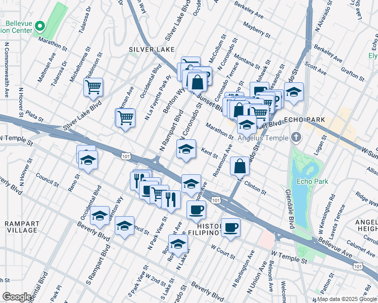 map of restaurants, bars, coffee shops, grocery stores, and more near 701 Coronado Terrace in Los Angeles