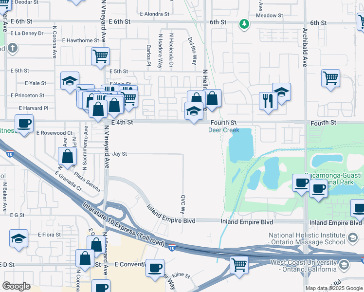 map of restaurants, bars, coffee shops, grocery stores, and more near 2203 East Jay Street in Ontario