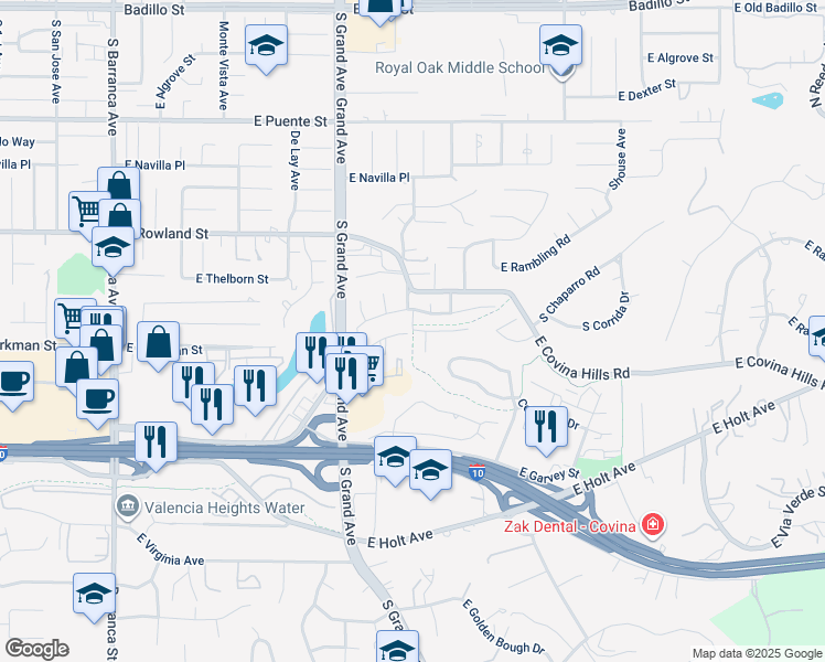 map of restaurants, bars, coffee shops, grocery stores, and more near Oak Canyon Road in West Covina