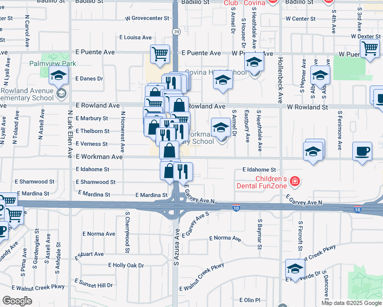 map of restaurants, bars, coffee shops, grocery stores, and more near 1829 East Workman Avenue in West Covina