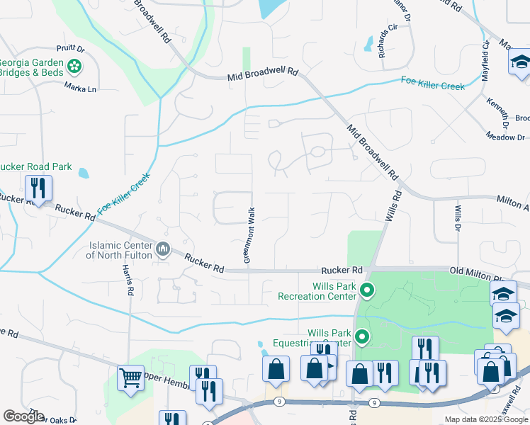 map of restaurants, bars, coffee shops, grocery stores, and more near 130 Cains Cove Drive in Alpharetta