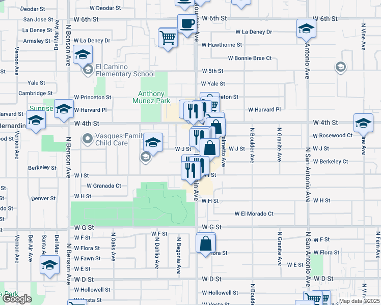 map of restaurants, bars, coffee shops, grocery stores, and more near 1111 West J Street in Ontario