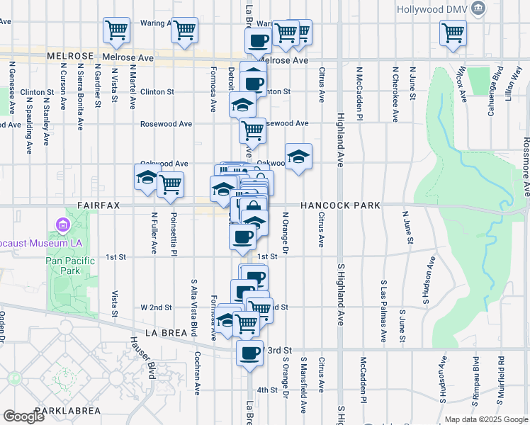 map of restaurants, bars, coffee shops, grocery stores, and more near 181 North Sycamore Avenue in Los Angeles