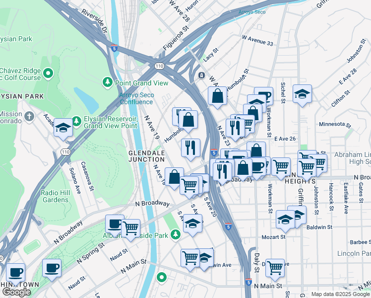 map of restaurants, bars, coffee shops, grocery stores, and more near 137 North Avenue 21 in Los Angeles