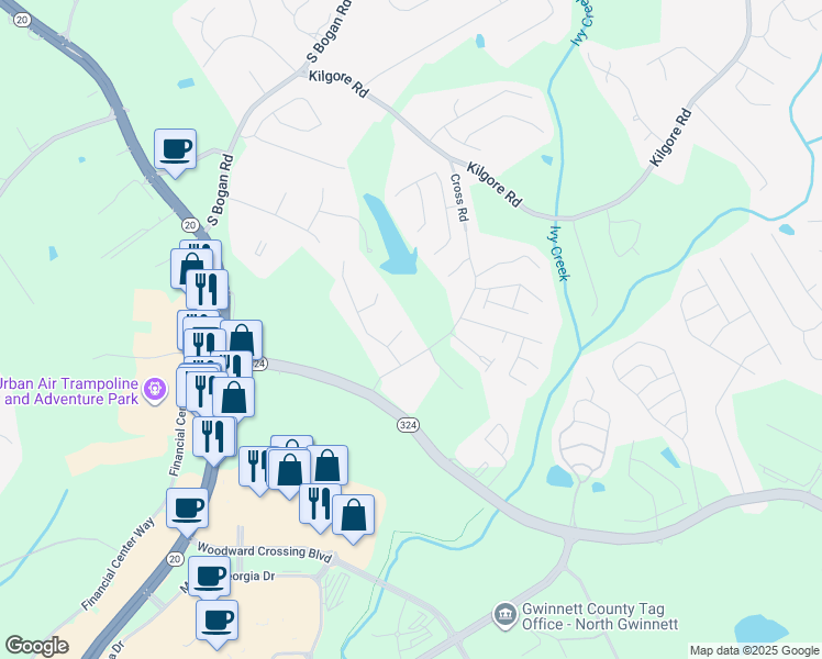 map of restaurants, bars, coffee shops, grocery stores, and more near 2105 Celeste Trail in Buford