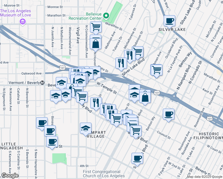 map of restaurants, bars, coffee shops, grocery stores, and more near in Los Angeles