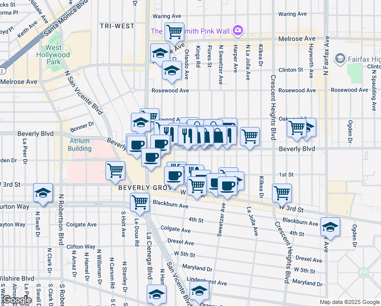 map of restaurants, bars, coffee shops, grocery stores, and more near 131 Kings Road in Los Angeles