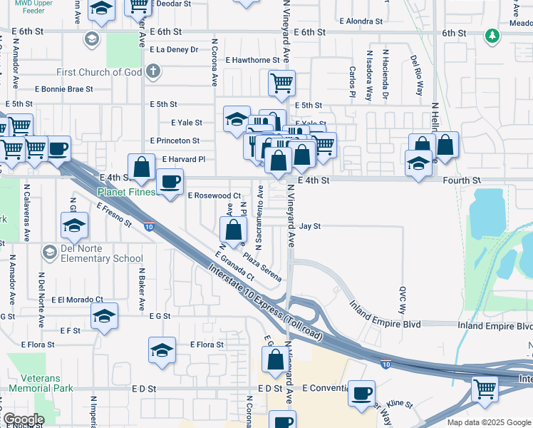 map of restaurants, bars, coffee shops, grocery stores, and more near 1859 East Jay Street in Ontario