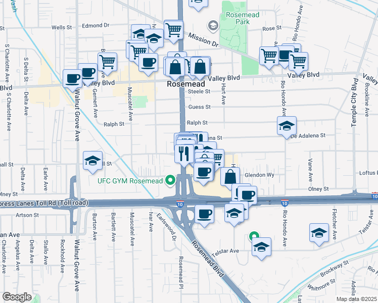 map of restaurants, bars, coffee shops, grocery stores, and more near 3644 Rosemead Boulevard in Rosemead