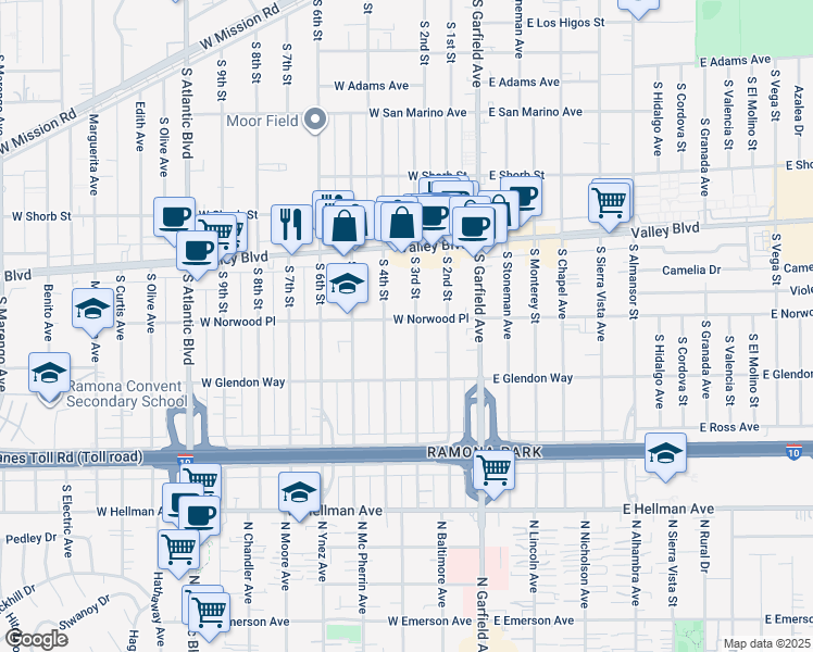 map of restaurants, bars, coffee shops, grocery stores, and more near 1610 South 4th Street in Alhambra