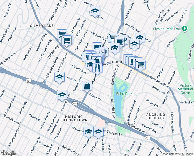 map of restaurants, bars, coffee shops, grocery stores, and more near 908 North Alvarado Street in Los Angeles