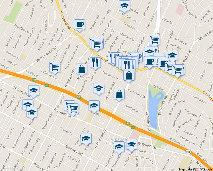 map of restaurants, bars, coffee shops, grocery stores, and more near 805 Rosemont Avenue in Los Angeles