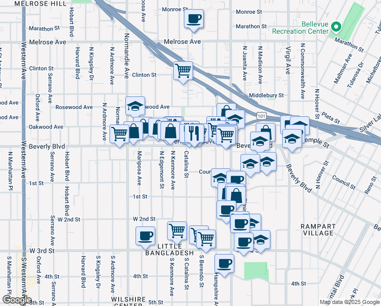 map of restaurants, bars, coffee shops, grocery stores, and more near 233 North Berendo Street in Los Angeles
