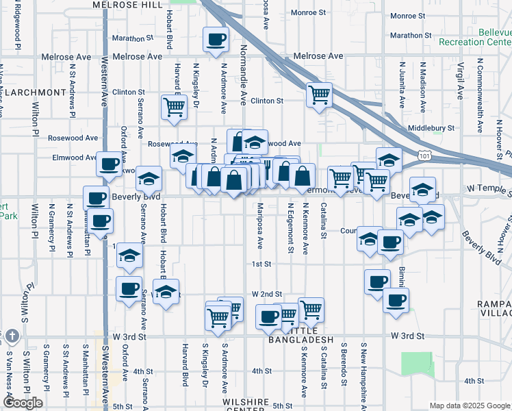 map of restaurants, bars, coffee shops, grocery stores, and more near 200 North Mariposa Avenue in Los Angeles