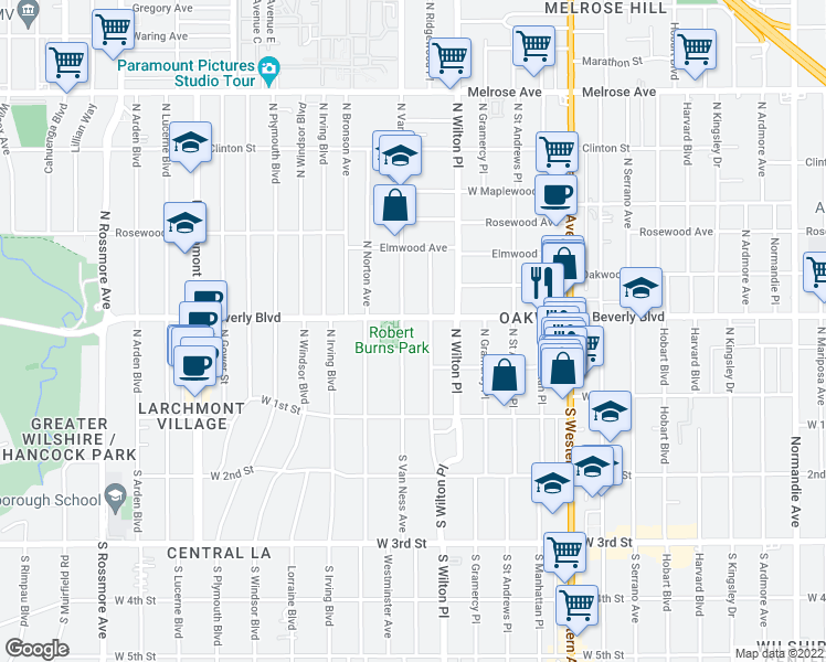 map of restaurants, bars, coffee shops, grocery stores, and more near 224 North Van Ness Avenue in Los Angeles