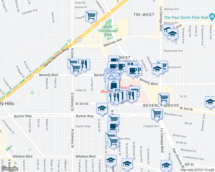 map of restaurants, bars, coffee shops, grocery stores, and more near 100 North Clark Drive in West Hollywood
