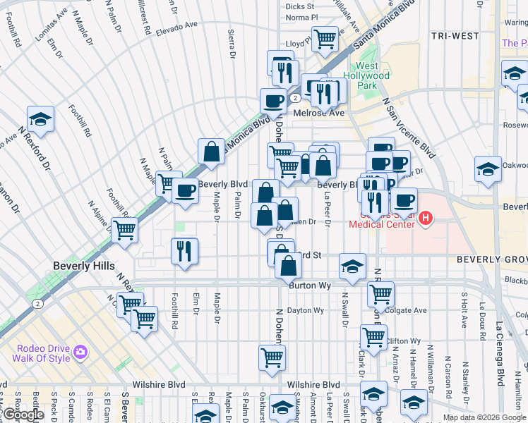 map of restaurants, bars, coffee shops, grocery stores, and more near 400 North Oakhurst Drive in Beverly Hills