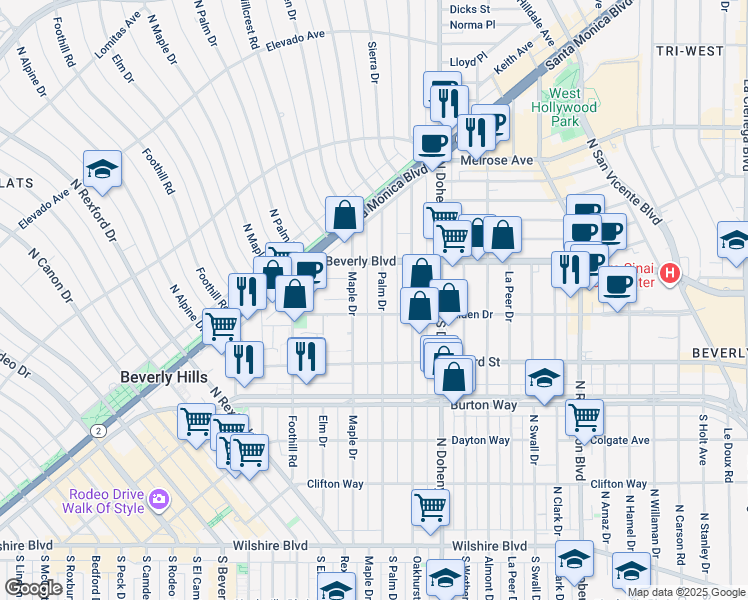 map of restaurants, bars, coffee shops, grocery stores, and more near 9183 Alden Drive in Beverly Hills