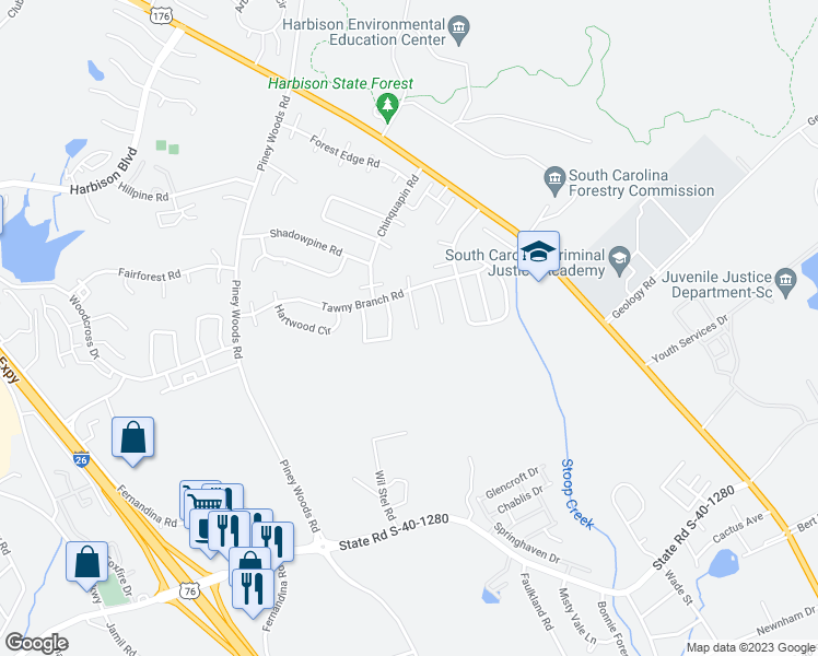 map of restaurants, bars, coffee shops, grocery stores, and more near 25 Battery Walk Court in Columbia