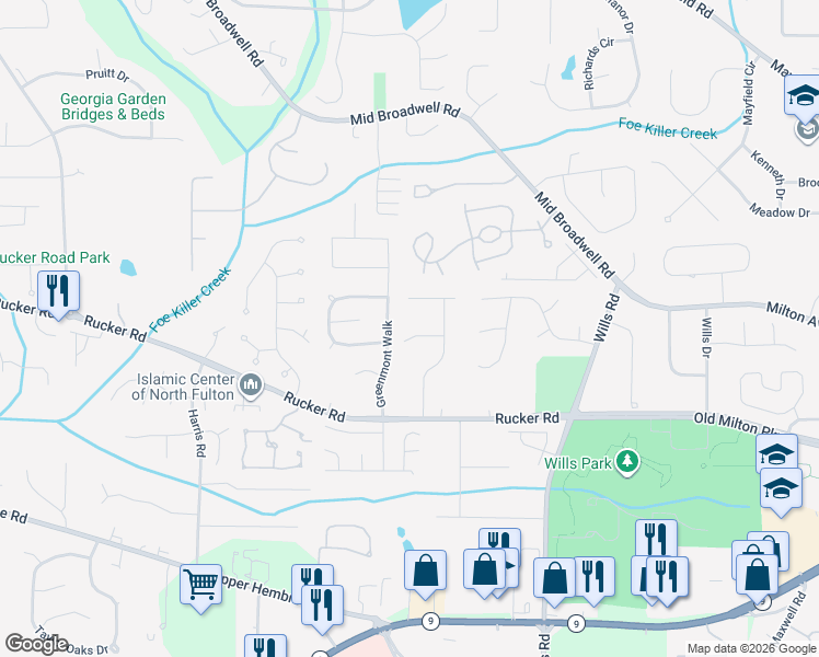 map of restaurants, bars, coffee shops, grocery stores, and more near 130 Cains Cove Drive in Alpharetta