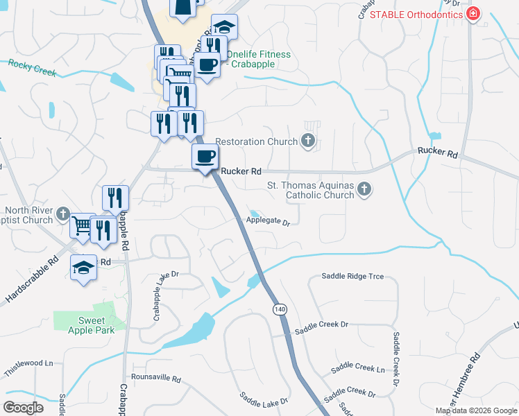 map of restaurants, bars, coffee shops, grocery stores, and more near 12121 Houze Road in Roswell