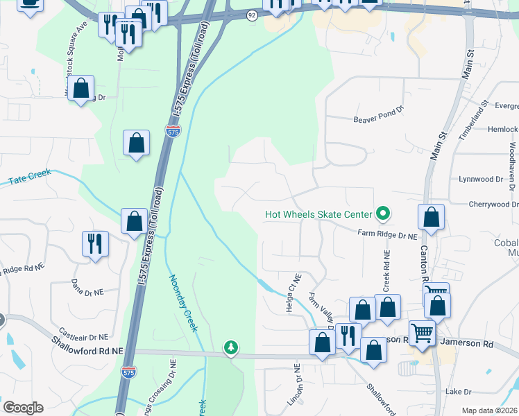 map of restaurants, bars, coffee shops, grocery stores, and more near 151 Ridgewood Drive in Woodstock