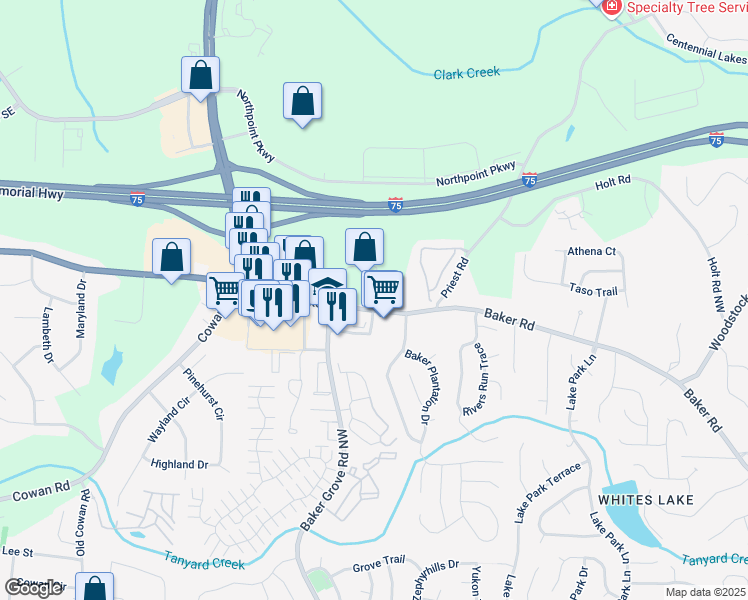 map of restaurants, bars, coffee shops, grocery stores, and more near 3419 Baker Road in Acworth