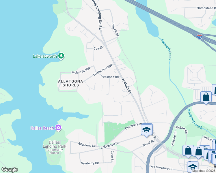 map of restaurants, bars, coffee shops, grocery stores, and more near 4881 Robinson Square Drive in Acworth