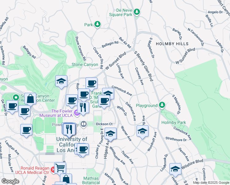 map of restaurants, bars, coffee shops, grocery stores, and more near 328 Hilgard Avenue in Los Angeles