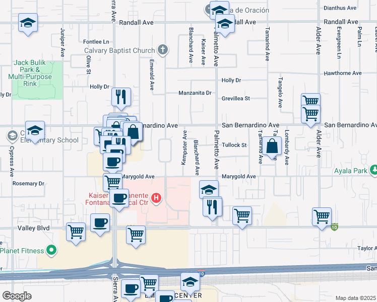 map of restaurants, bars, coffee shops, grocery stores, and more near 9811 Kempster Avenue in Fontana