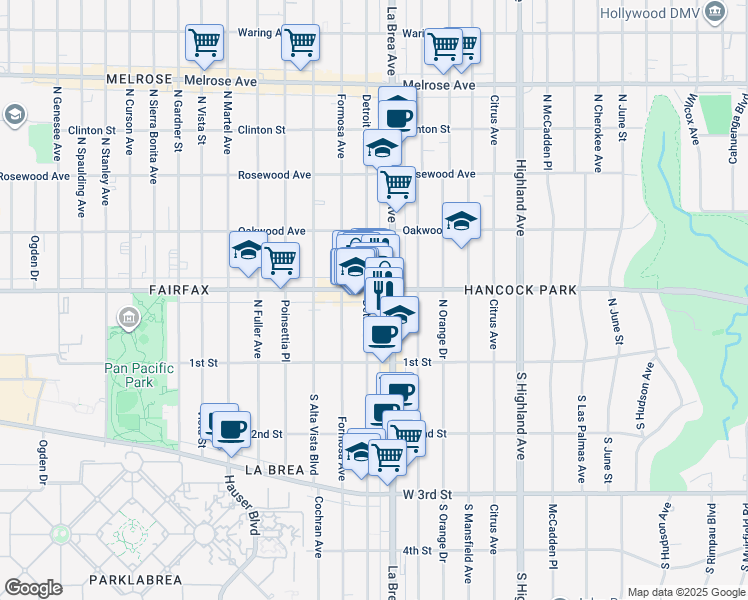 map of restaurants, bars, coffee shops, grocery stores, and more near 167 North Detroit Street in Los Angeles
