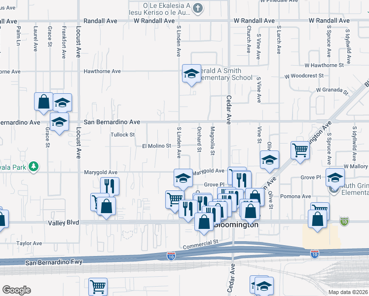 map of restaurants, bars, coffee shops, grocery stores, and more near 18517 El Molino Street in Bloomington