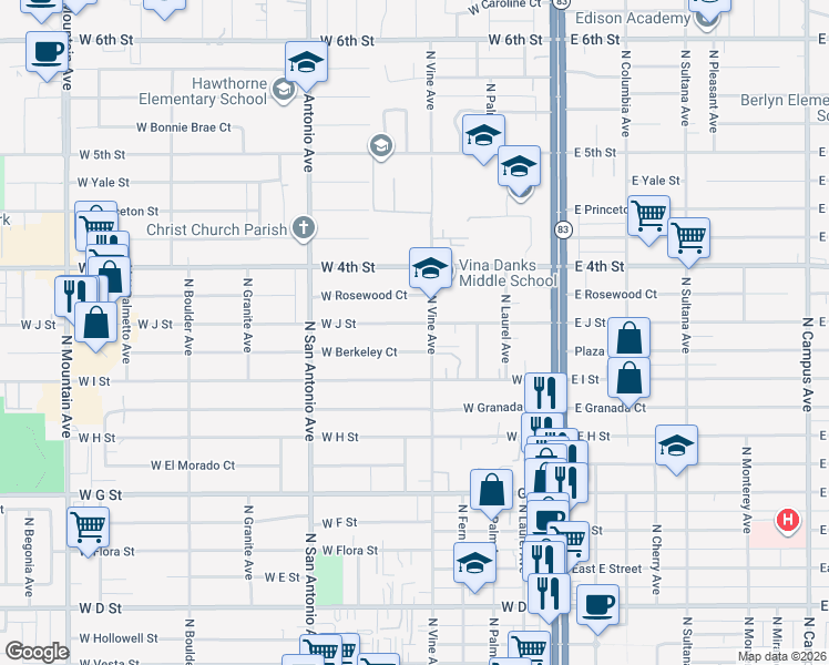 map of restaurants, bars, coffee shops, grocery stores, and more near 524 West Berkeley Court in Ontario