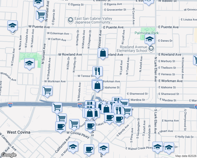 map of restaurants, bars, coffee shops, grocery stores, and more near 243 North Maplewood Avenue in West Covina