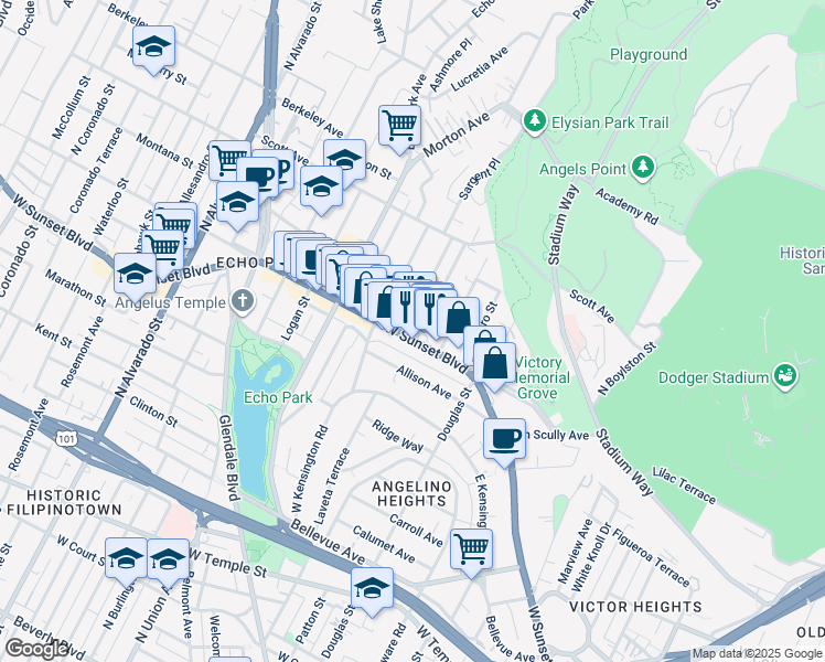 map of restaurants, bars, coffee shops, grocery stores, and more near 1467 West Sunset Boulevard in Los Angeles