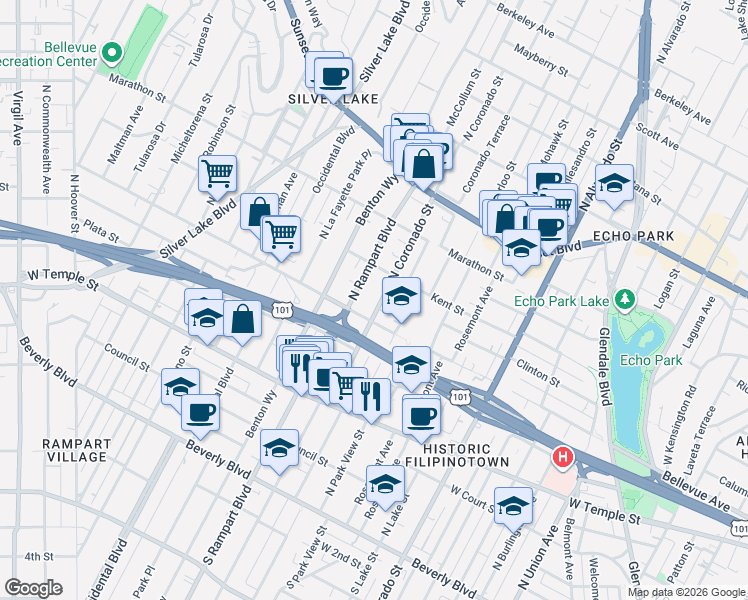 map of restaurants, bars, coffee shops, grocery stores, and more near 607 North Coronado Street in Los Angeles