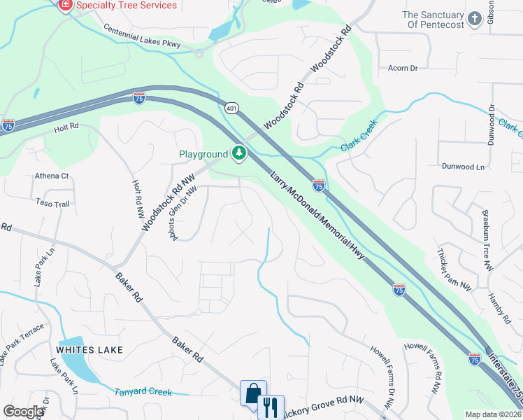 map of restaurants, bars, coffee shops, grocery stores, and more near 2569 Abbotts Glen Drive Northwest in Acworth