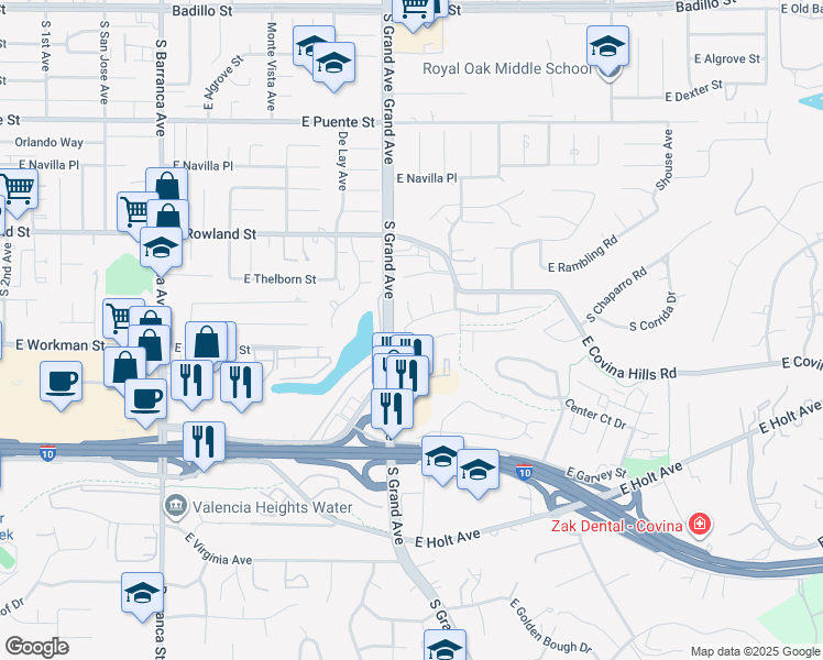 map of restaurants, bars, coffee shops, grocery stores, and more near 924 East Ranchcreek Road in Covina