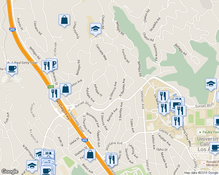 map of restaurants, bars, coffee shops, grocery stores, and more near 203 Glenroy Place in Los Angeles