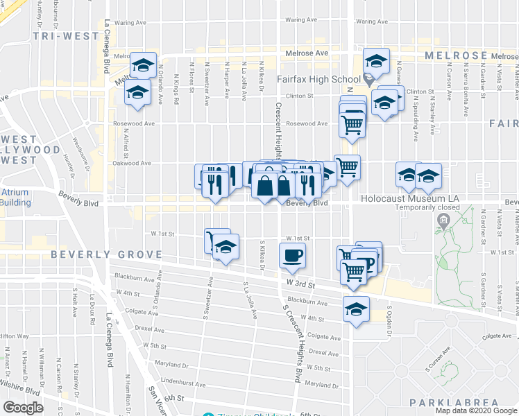 map of restaurants, bars, coffee shops, grocery stores, and more near in Los Angeles